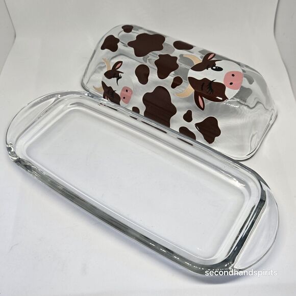 Glass Butter Dish with Lid: Stylish Cow Design Pastoral Print - Picture 3 of 6